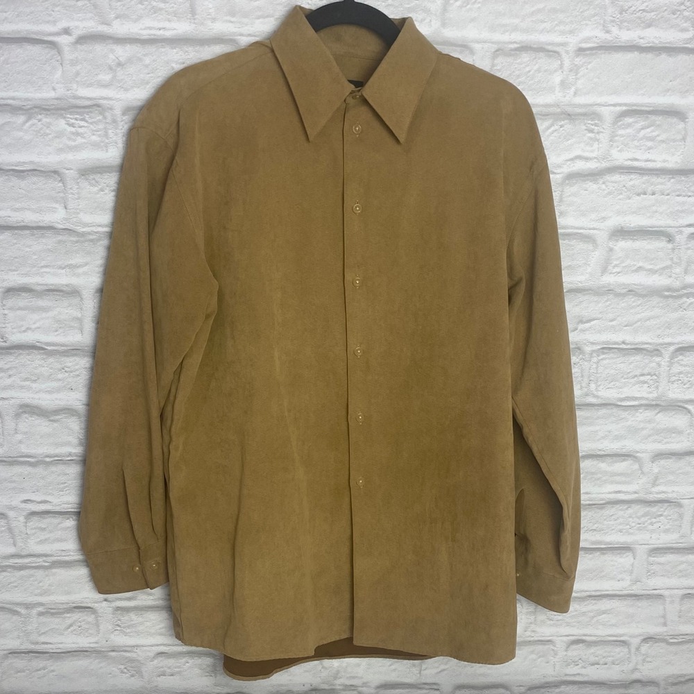 Kenneth Cole Reaction Mens M Tan Faux Suede LS Button Up Dress Shirt 15.5 32-33